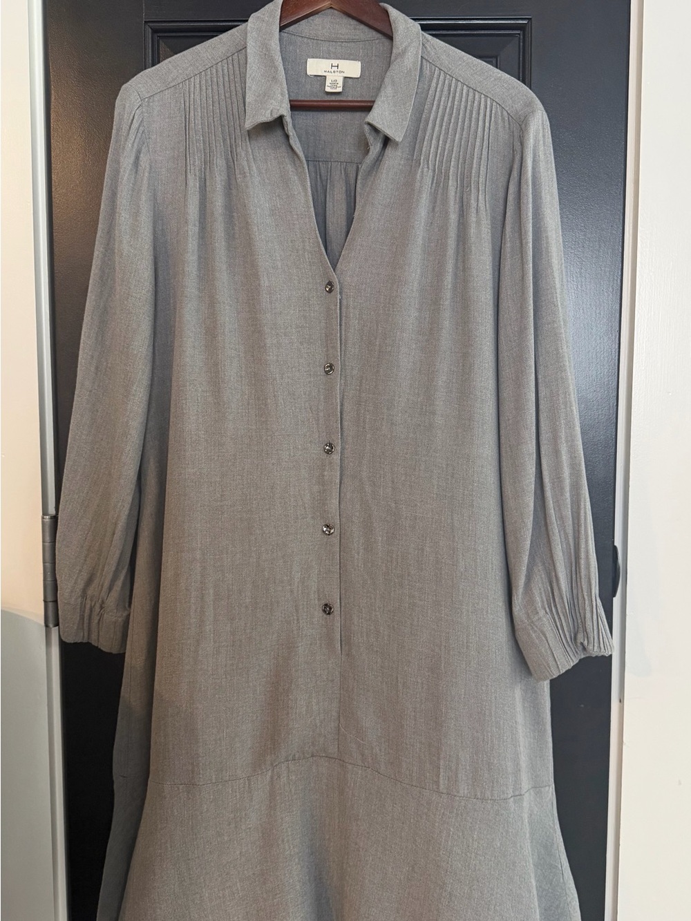 Halston Gray Long-Sleeve Button Front Shirt Dress